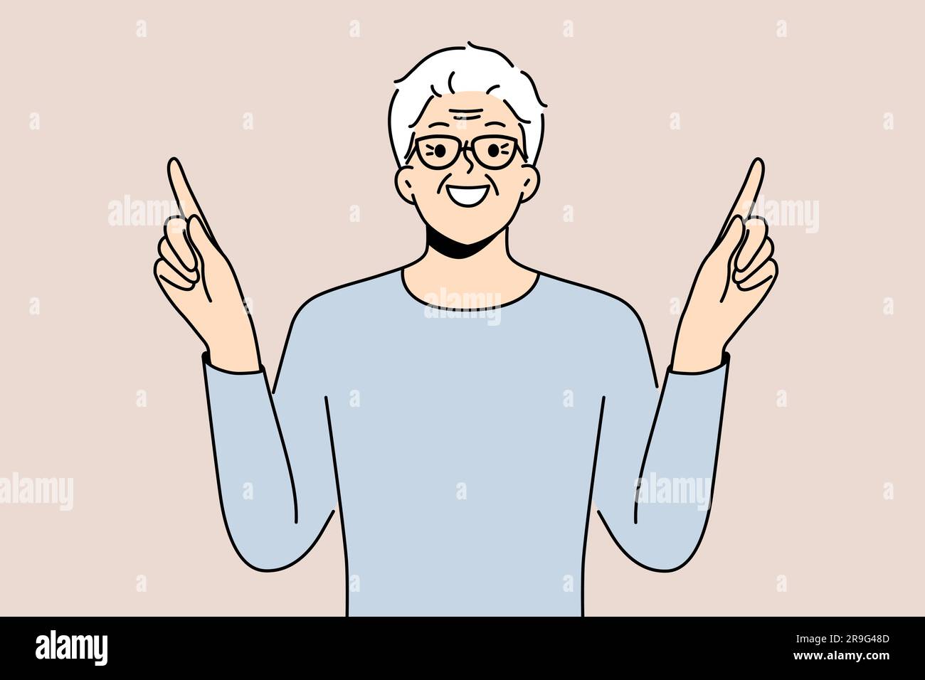 Eldery man came up with idea and points fingers up with smile to draw attention to your ad. Gray-haired pensioner in glasses recommends paying attention to good offer or cool idea. Stock Vector