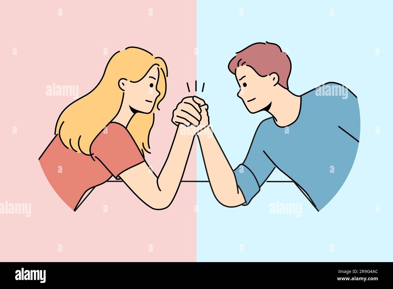 Arm wrestling between couple of man and woman for concept of fighting for leadership in family. Guy with girl compete who is stronger competing for position in company or leadership in team Stock Vector
