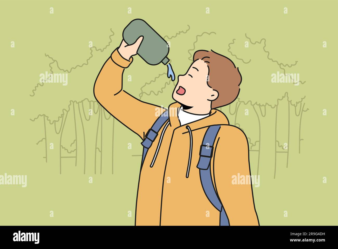 Man drinks water hiking in forest feeling thirsty after long walk through wilderness area with trees. Young guy with flask is fond of hiking and travels in national nature reserve. Stock Vector