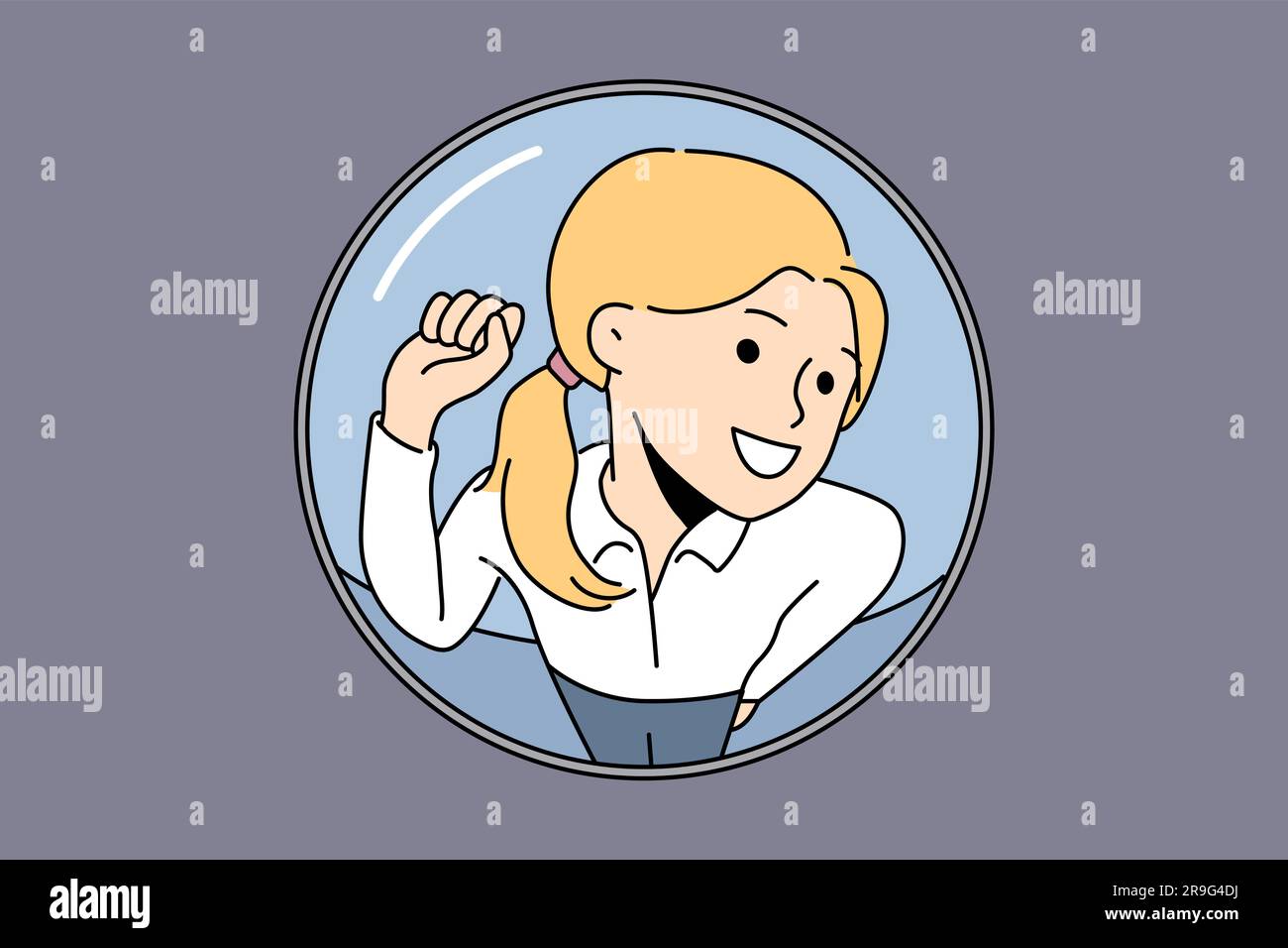 Saleswoman knocking on apartment view from behind peephole for business concept with personal cold sales. Saleswoman wants to offer client to purchase goods and services without leaving home Stock Vector