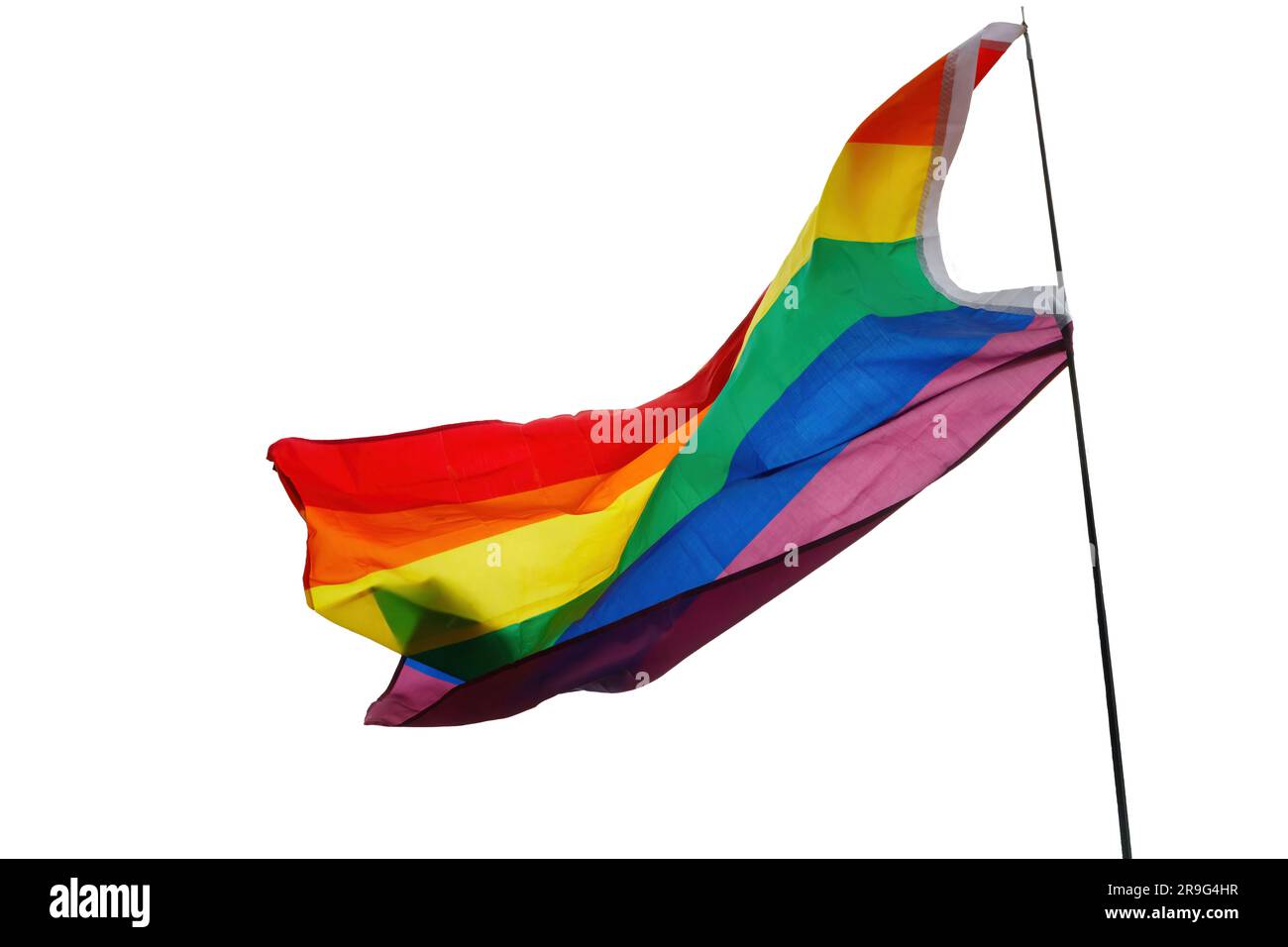 isolated cut out rainbow pride flag at Stoke on Trent gay pride parade event in hanley park staffordshire June 2023 white background Stock Photo