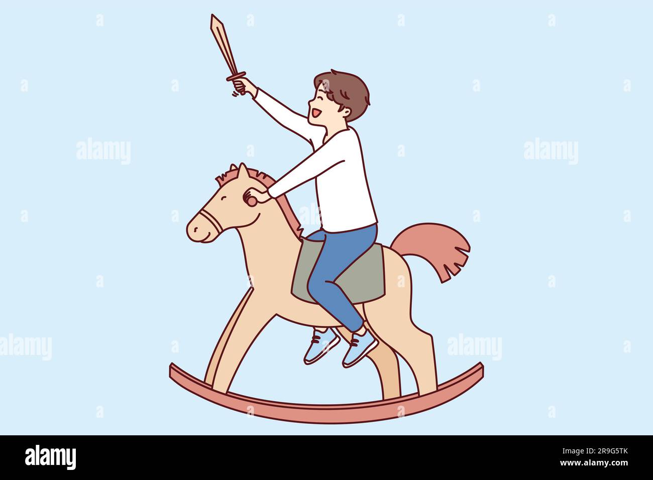 Cheerful boy sits astride toy horse and holds knight sword in hand dreaming about saving princess. Positive boy on steed-rocker enjoys vintage toys that give opportunity to dream up Stock Vector