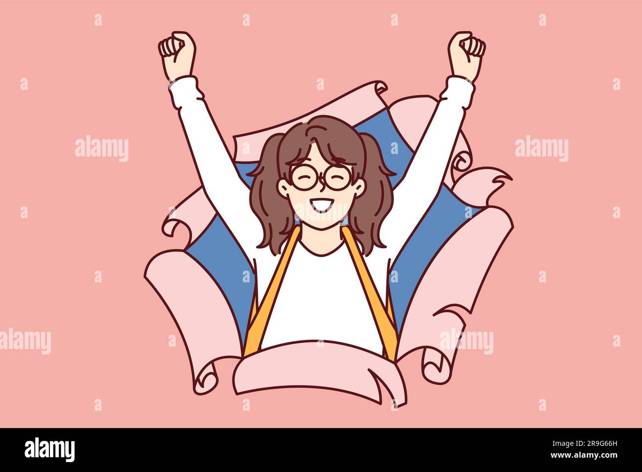 Overjoyed little girl from elementary school with smile raises hands up, looking out of torn paper. Cheerful schoolgirl celebrating victory in olympiad or good mark for lesson by school teacher Stock Vector