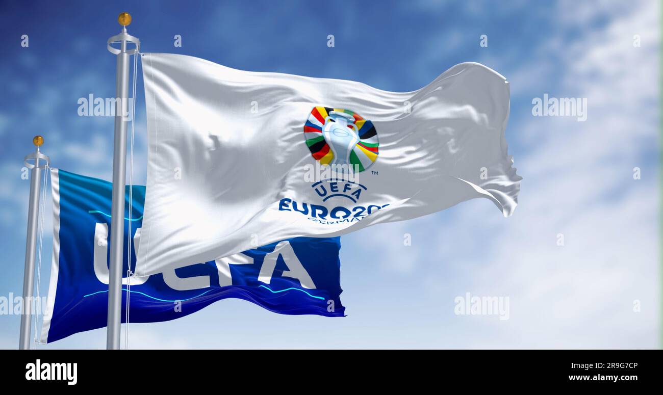 Berlin, DE, Feb 12 2023 Flags of Euro 2024 and UEFA fluttering in the