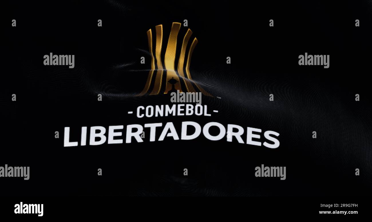Buenos Aires, ARG, Sept 2022: CONMEBOL Libertadores flag waving in the wind. South American football competition organized annually by CONMEBOL. Illus Stock Photo