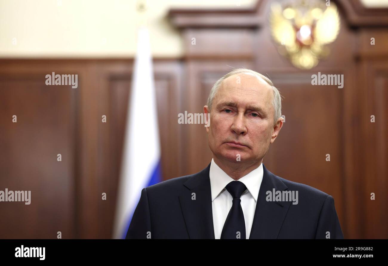Russian President Vladimir Putin addresses his nation about the attempted coup. Stock Photo