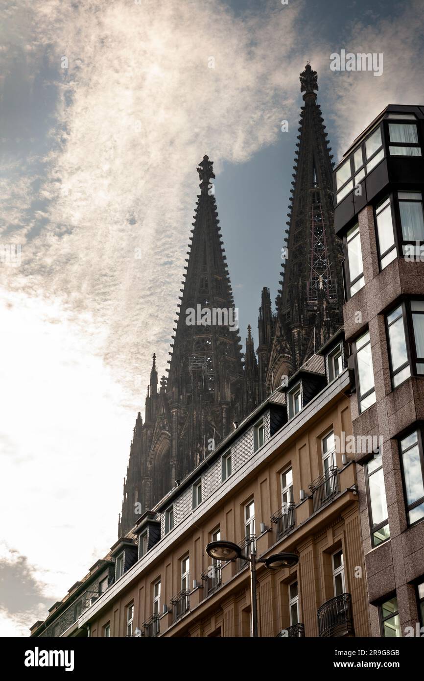 Picture of the cologne cathedral seen from below during an autumn sunset. Cologne Cathedral is a Catholic cathedral in Cologne, North Rhine-Westphalia Stock Photo