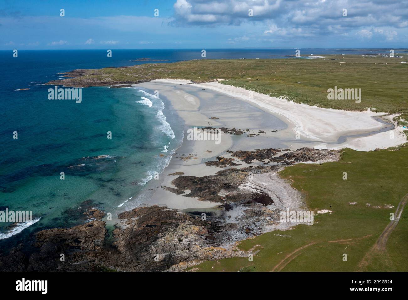 Aerial view of Balevullin Bay beach, Isle of Tiree, Inner Hebrides, Scotland. Stock Photo