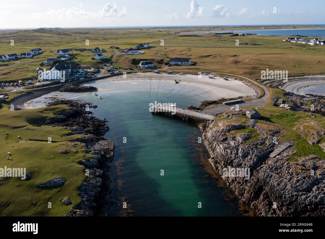 Aerial view of Scarinish Harbour, Tiree, Inner Hebrides, Scotland, UK Stock Photo