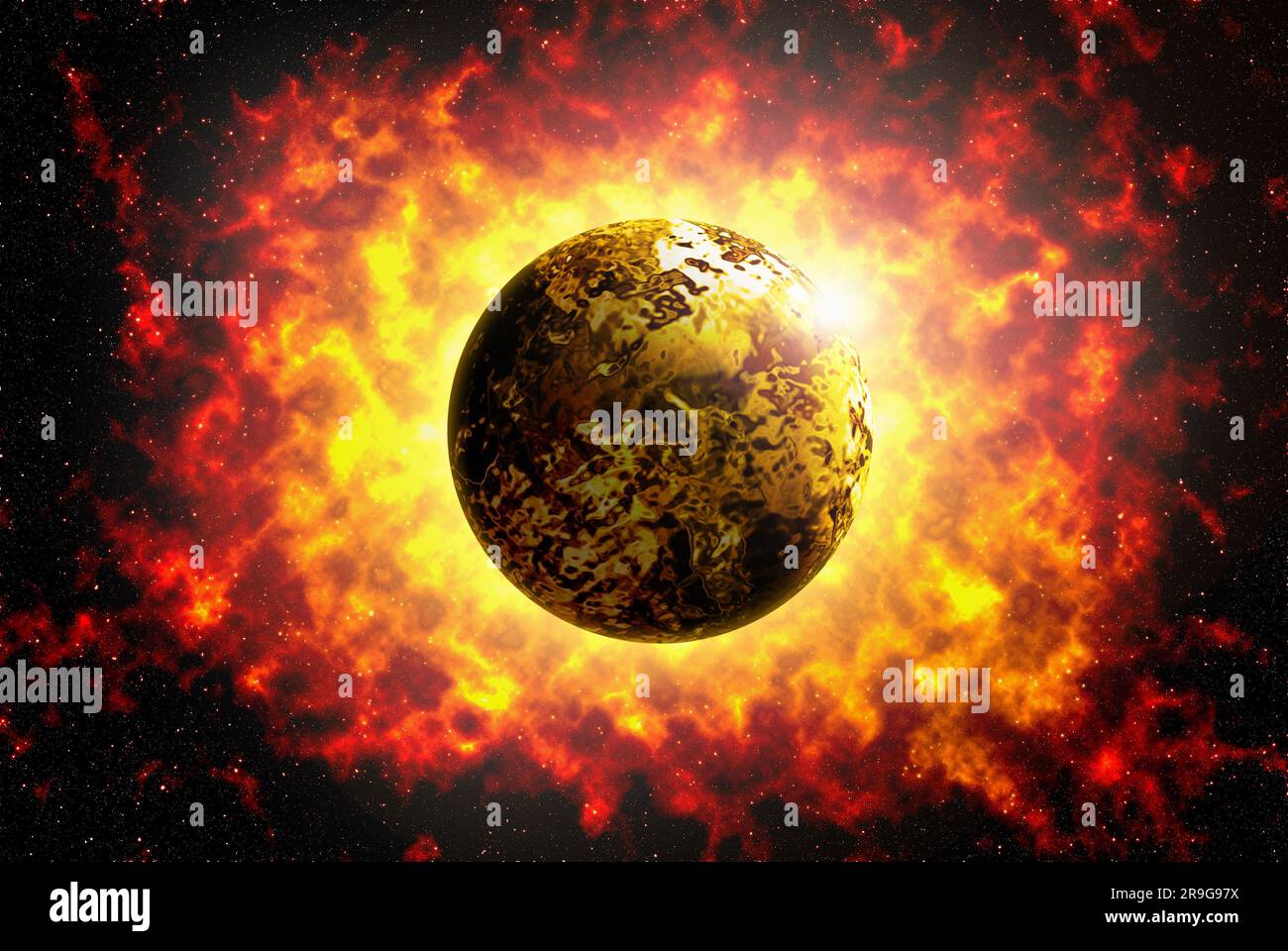 Burning nebula with fiery intensity. Unknown planet from outer space ...