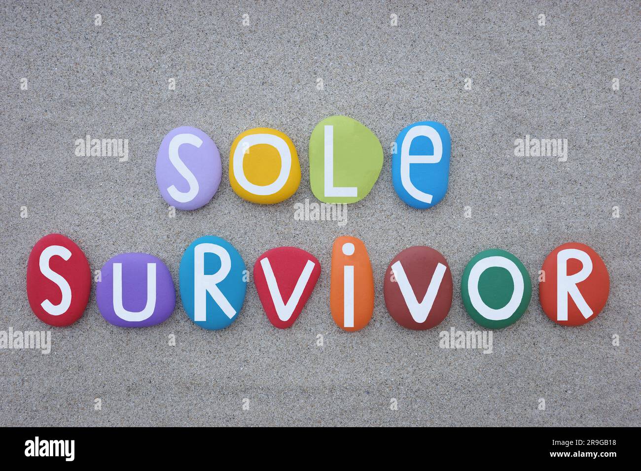 Sole survivor, creative slogan composed with multi colored stone letters over beach sand Stock Photo