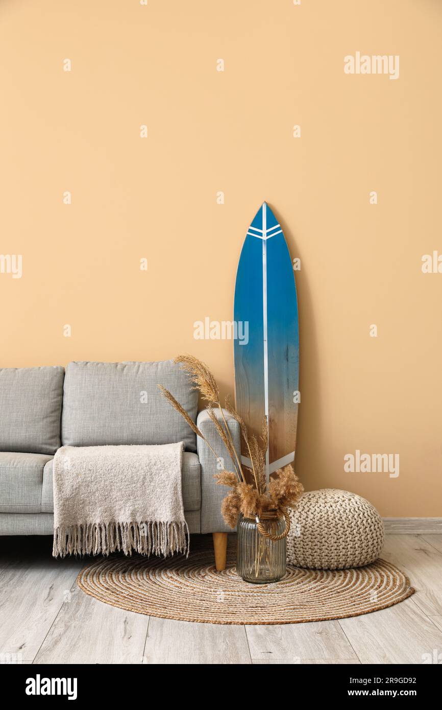Interior of modern stylish room with surfboard ottoman and sofa