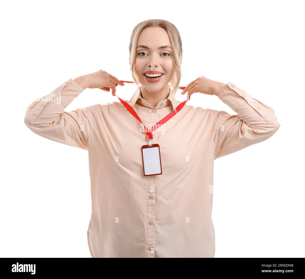 Young woman with blank badge on white background Stock Photo - Alamy