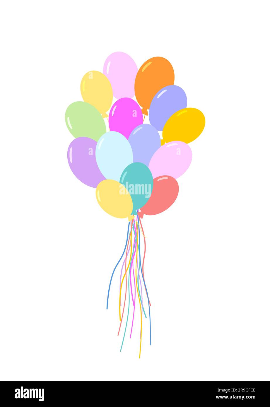 Balloon in cartoon style. Bunch of balloons for birthday and party. Flying  ballon with rope. Blue, red , Pink and green ball isolated on white  background. Flat icon for celebrate and carnival.