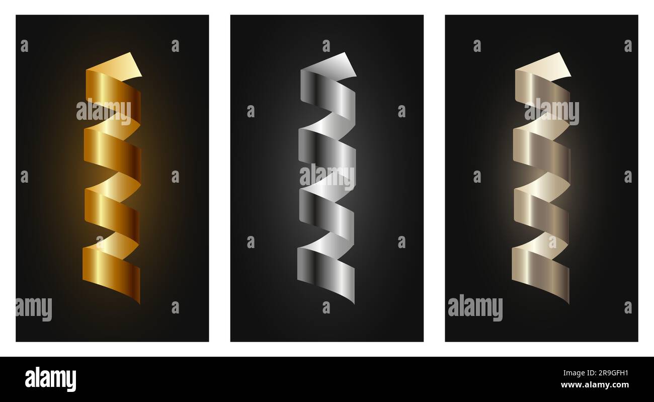 Bright shiny gold and silver serpentines on black background. Christmas