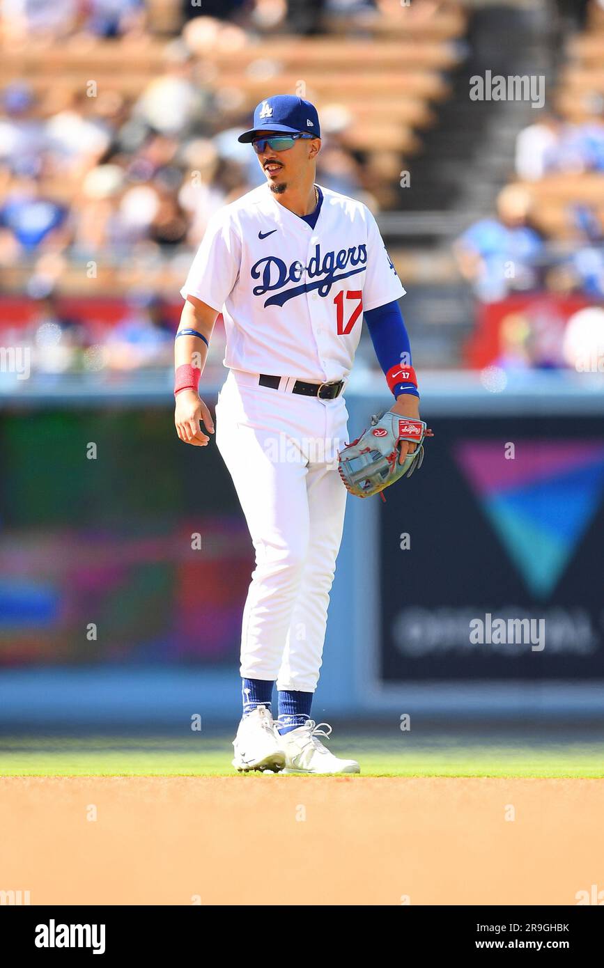 LOS ANGELES, CA - JUNE 24: Los Angeles Dodgers second baseman Miguel Vargas  (17) looks on during the MLB game between the Houston Astros and the Los  Angeles Dodgers on June 24