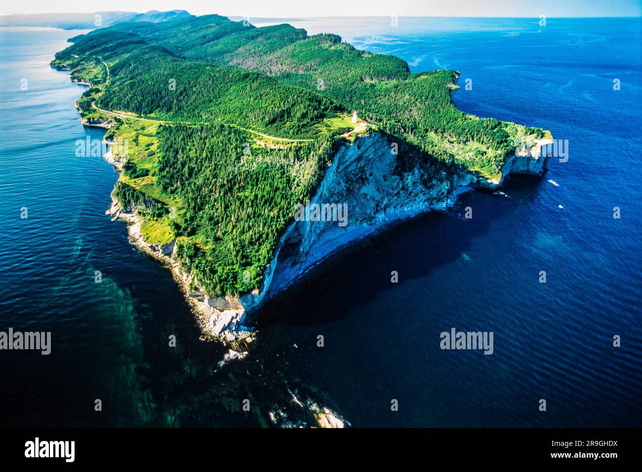 Aerial image of Cape Gaspé Lighthouse, Quebec, Canada Stock Photo