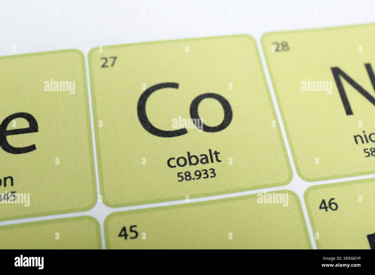 Symbol Cobalt on periodic table of chemical elements, closeup view Stock Photo