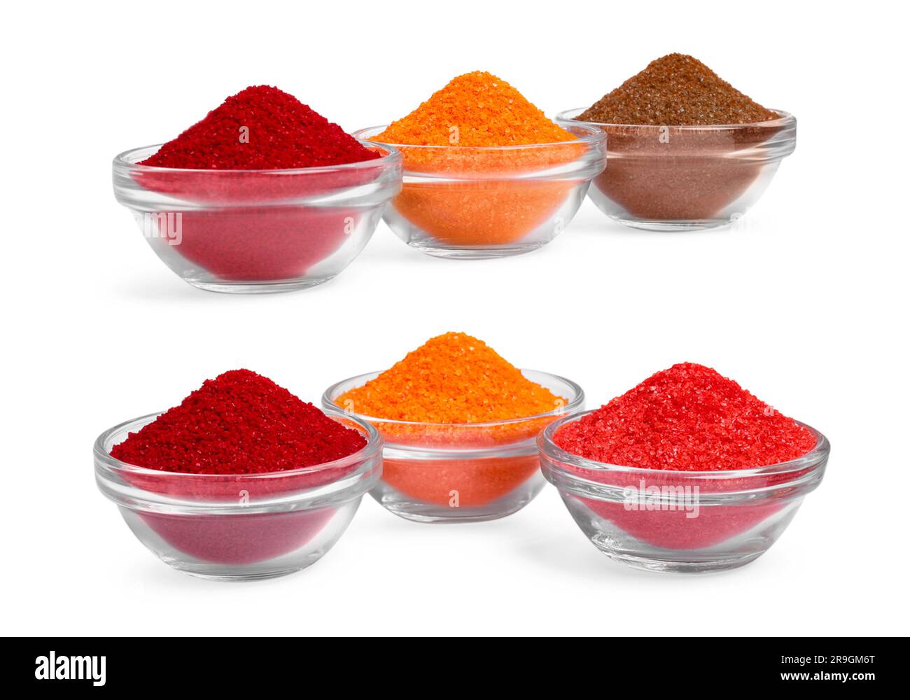 Collage of different powdered food coloring in bowls isolated on white