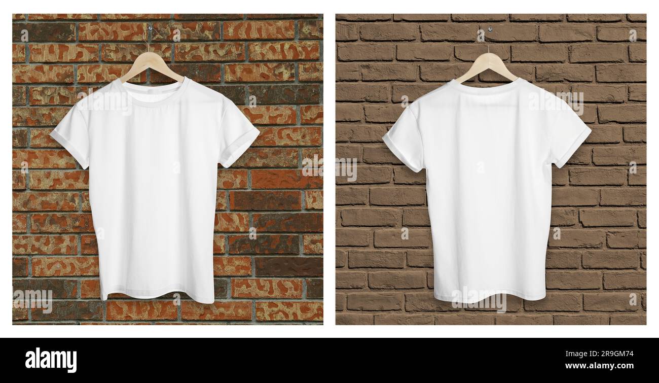 Stylish white t-shirts on brick walls, back and front views. Space for ...
