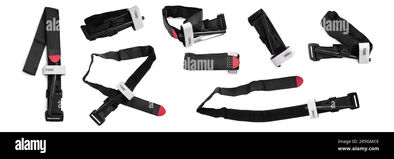 Collage with first aid tourniquet isolated on white, different sides