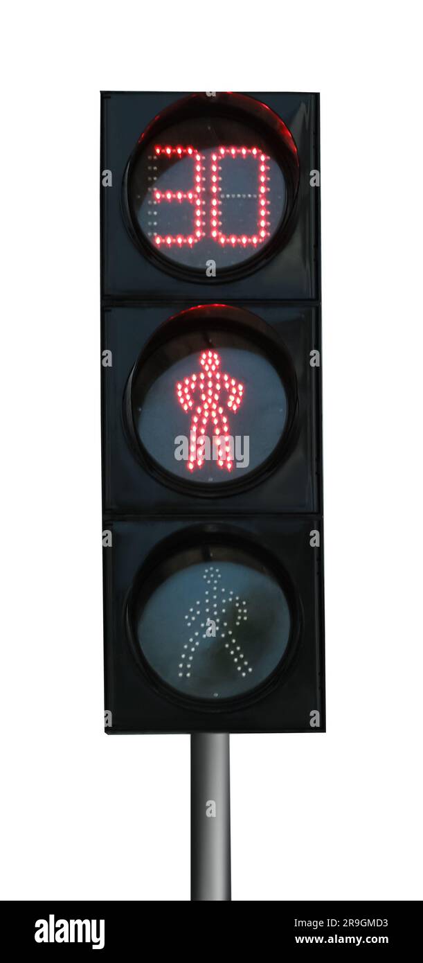 Modern traffic light with timer and pedestrian signals isolated on ...