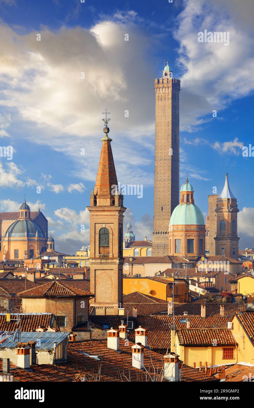 Bologna, Italy rooftop skyline and famous historic towers in the daytime. Stock Photo