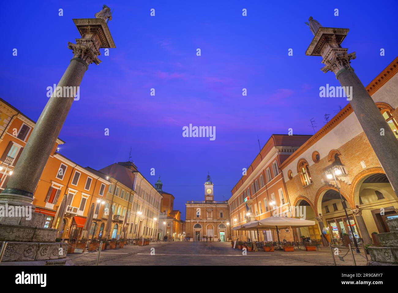 Ravenna, Italy at Piazza del Popolo with the landmark Venetian columns at twilight. Stock Photo
