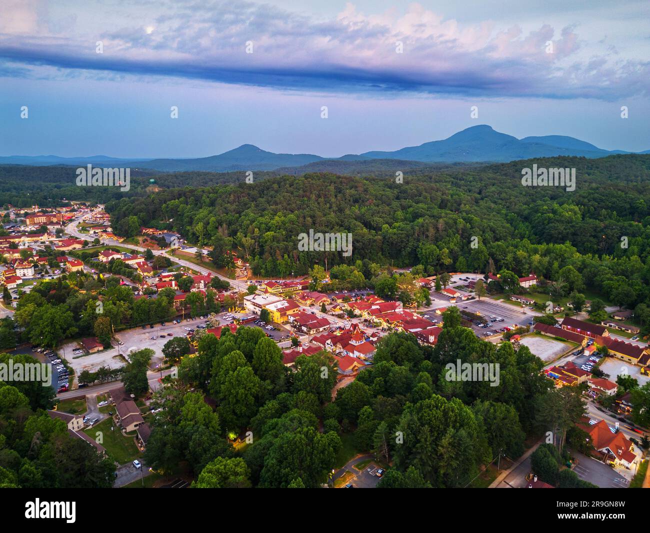 Helen, Georgia, USA downtown at night with Mt. Yonah in the distance. Stock Photo