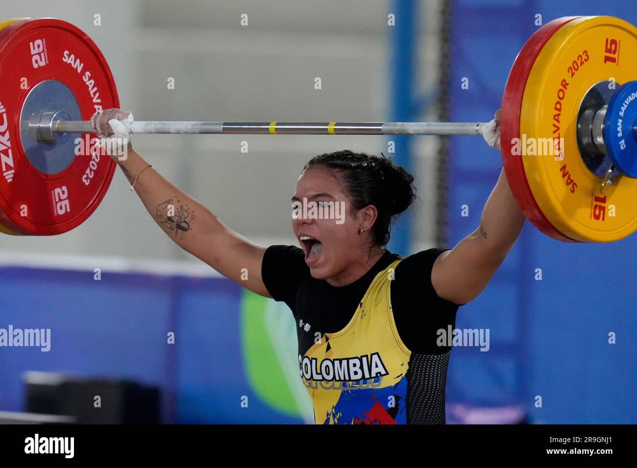 Colombias Hellen Escobar competes in the womens 76kg weightlifting clear and jerk final round of the Central American and Caribbean Games in San Salvador, El Salvador, Monday, June 26, 2023
