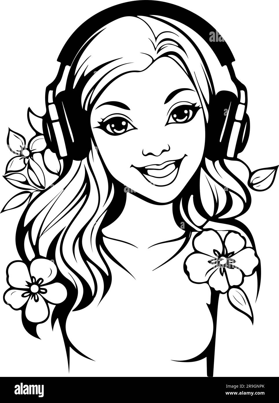 vector art of a cute girl wearing headphones listening to music Stock