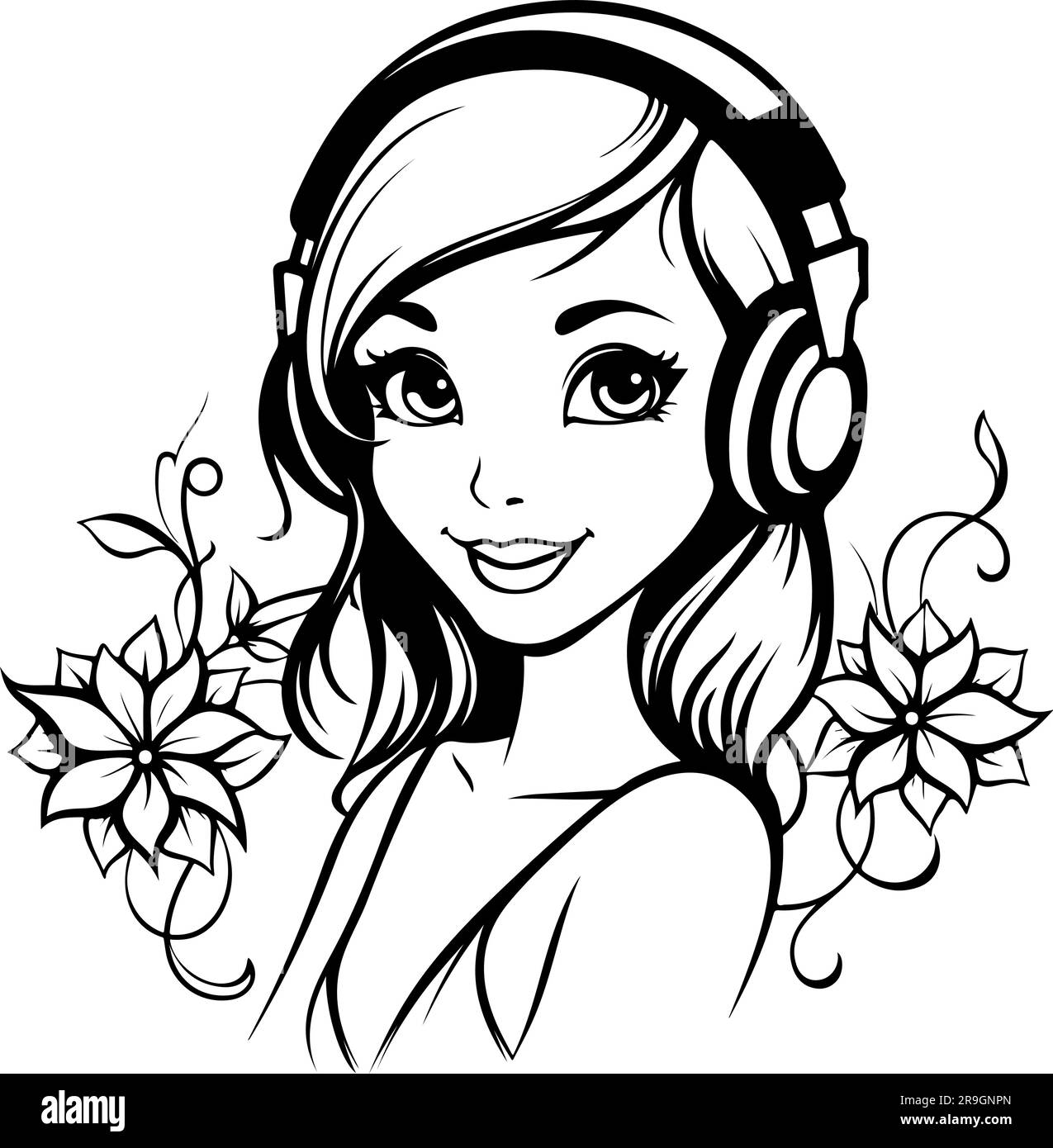 vector art of a cute girl wearing headphones listening to music Stock Vector