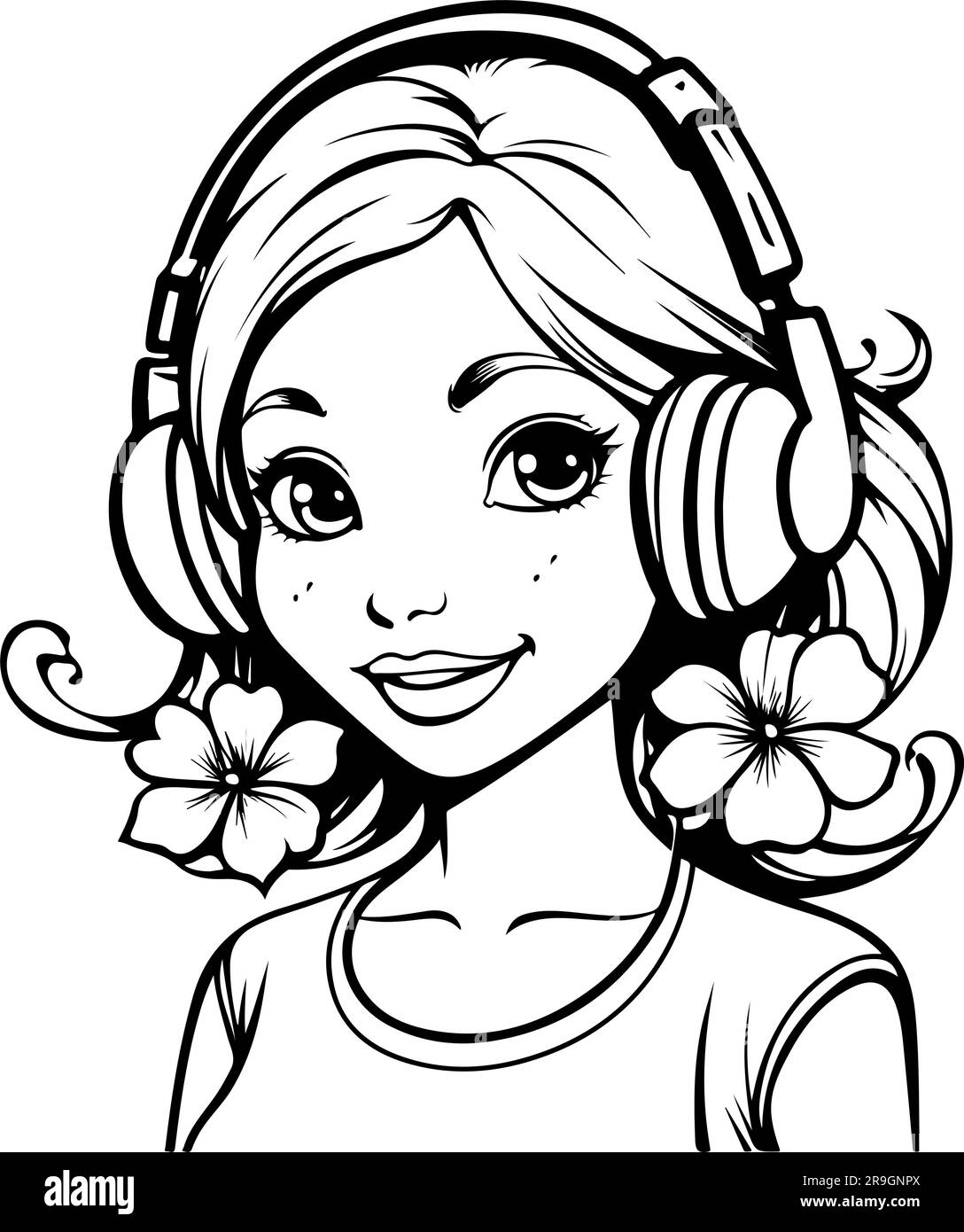 vector art of a cute girl wearing headphones listening to music Stock