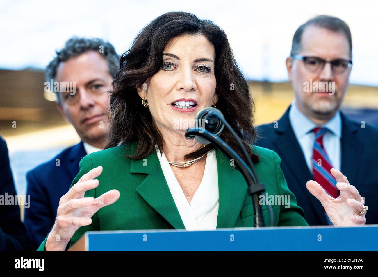 New York, United States. 26th June, 2023. New York State Governor Kathy Hochul (D) speaking at a press conference at Penn Station in New York City to introduce a new plan to renovate Penn Station. Credit: SOPA Images Limited/Alamy Live News Stock Photo