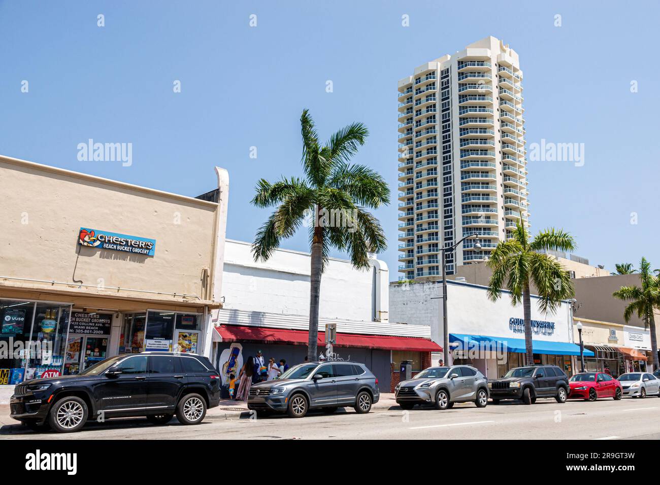 Miami Beach Florida,North Beach Collins Avenue business district stores shops,St. Tropez Oceanfront Condominium building high rise Stock Photo