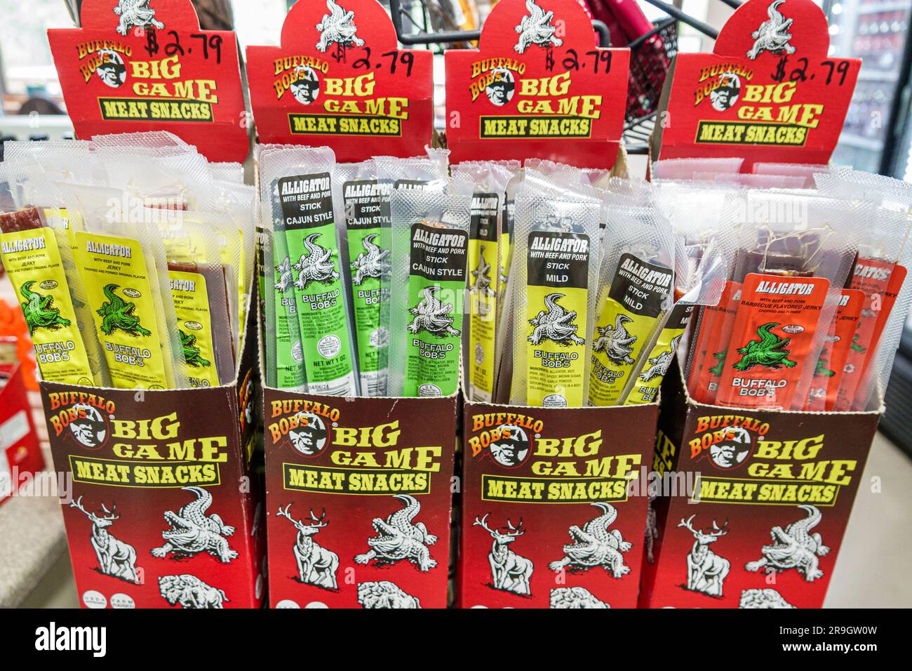 Folkston Georgia,Okefenokee National Wildlife Refuge swamp,gift shop store,Buffalo Bob Big Game Meat Snacks,alligator meat jerky novelty snack food Stock Photo