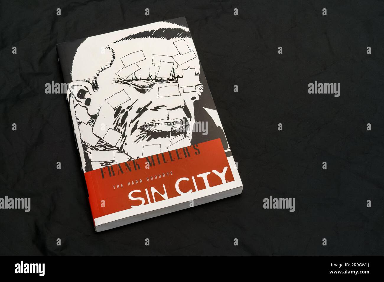 Sin City: The Hard Goodbye by Frank Miller on dark surface. Lahti, Finland. June 18, 2023. Stock Photo