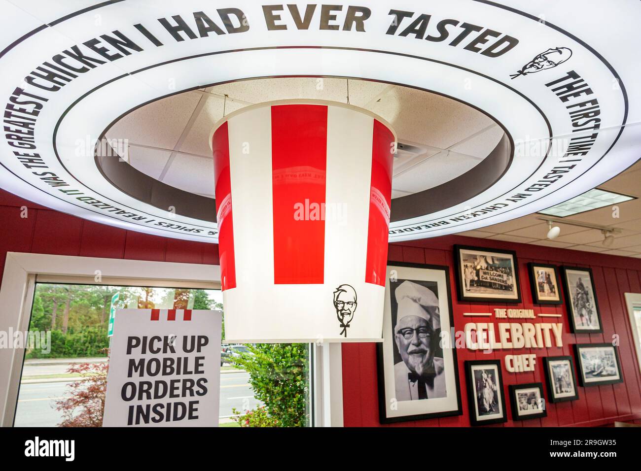 Alma fast food Kentucky Fried Chicken,giant bucket Colonel Sanders,inside interior