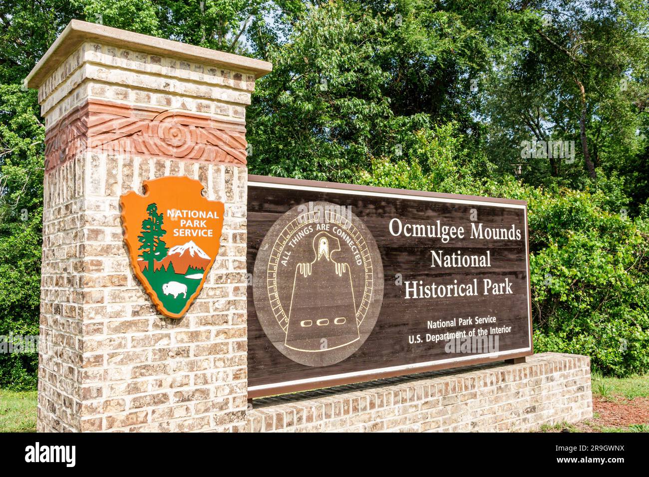 Macon Georgia,Ocmulgee Mounds National Historic Park,entrance sign,ancestral homeland of the Muscogee Creek Nation Stock Photo