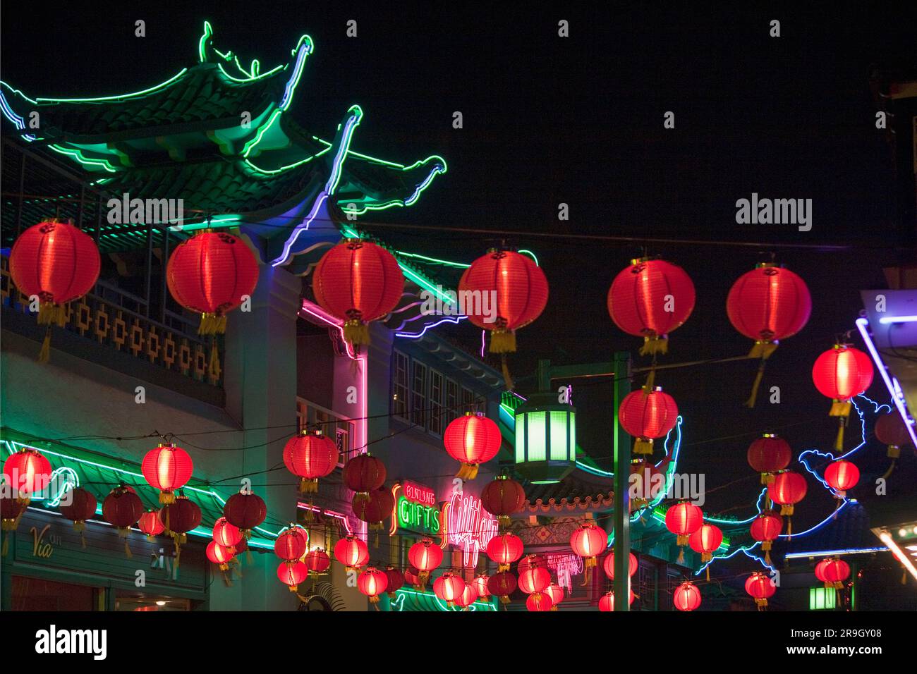 Chinese Moon Festival in Chinatown Plaza at night in Los Angeles, CA