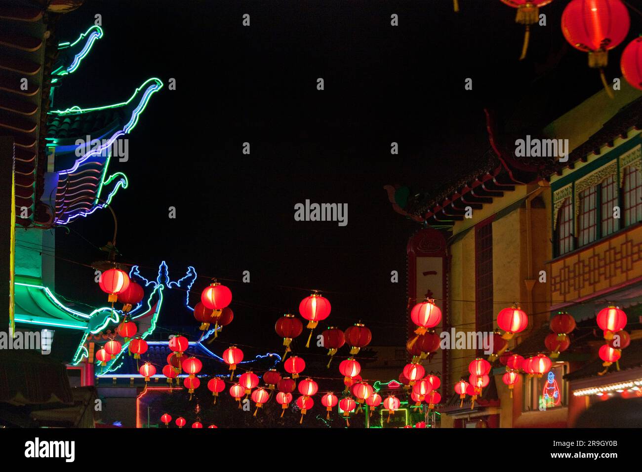 Chinese Moon Festival in Chinatown Plaza at night in Los Angeles, CA