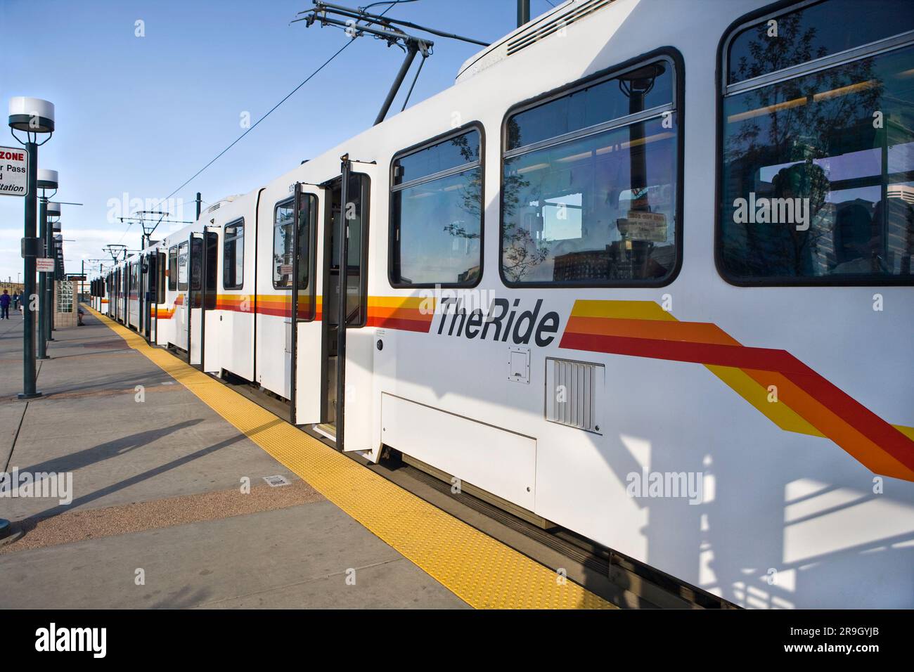 Light Rail train at station Denver CO Stock Photo Alamy