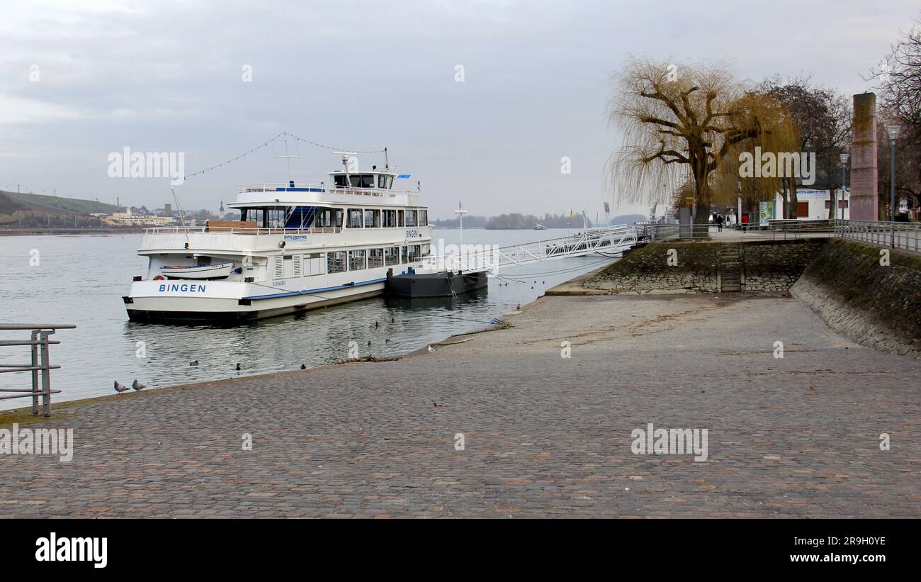 Excursion boat Bingen moored at the left bank of the Rhein river, Bingen, Germany Stock Photo
