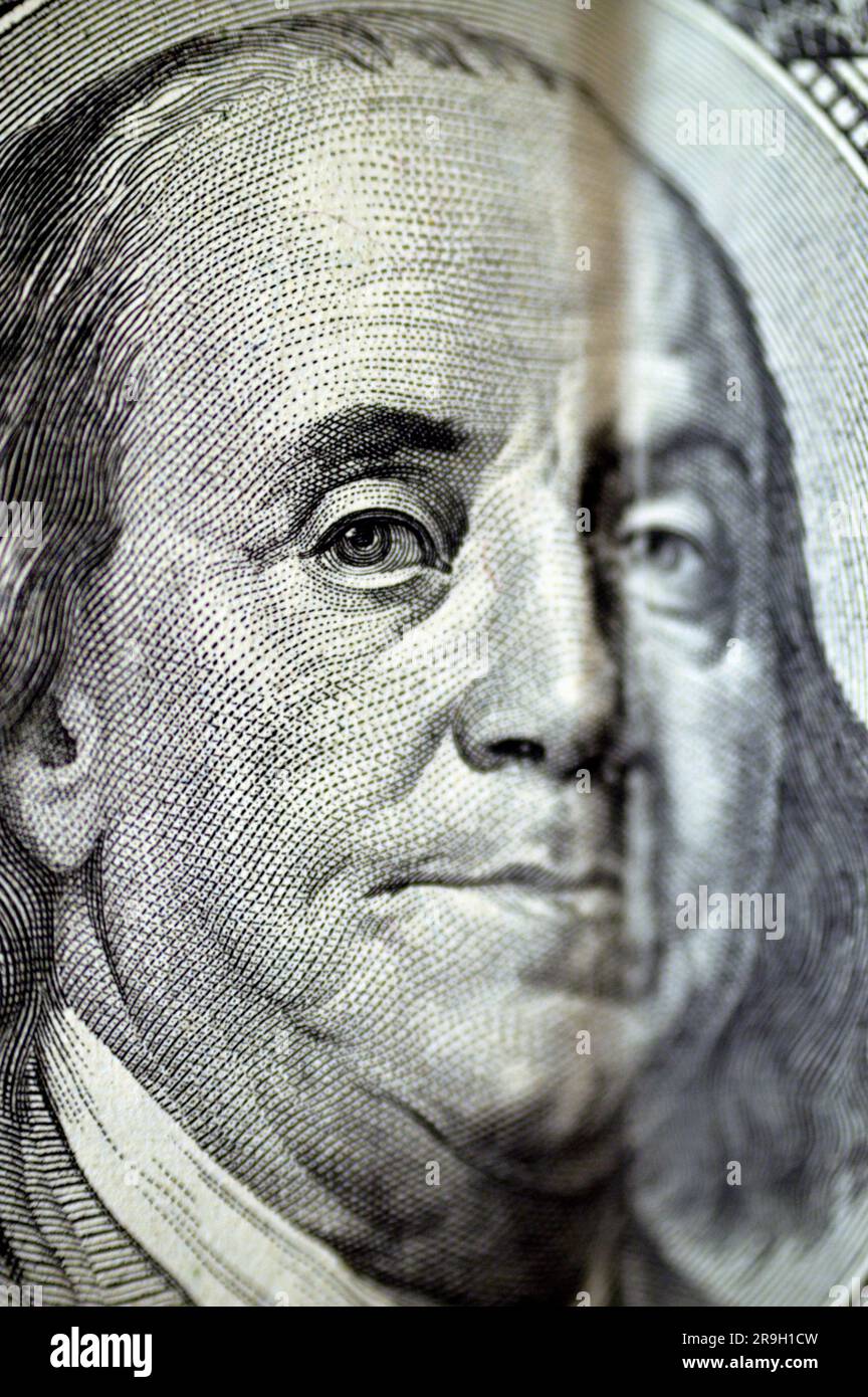 closeup 100 one hundred dollar banknote currency cash money old series with the portrait of president Benjamin Franklin on obverse and independence ha Stock Photo
