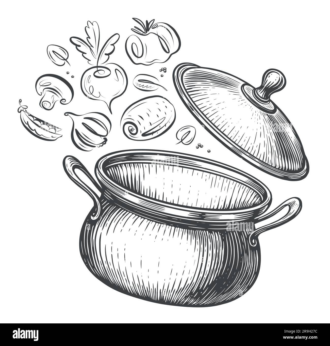 Vegetables fall into the pot or kitchen pan. Concept diet and healthy eating. Cooking vector illustration Stock Vector