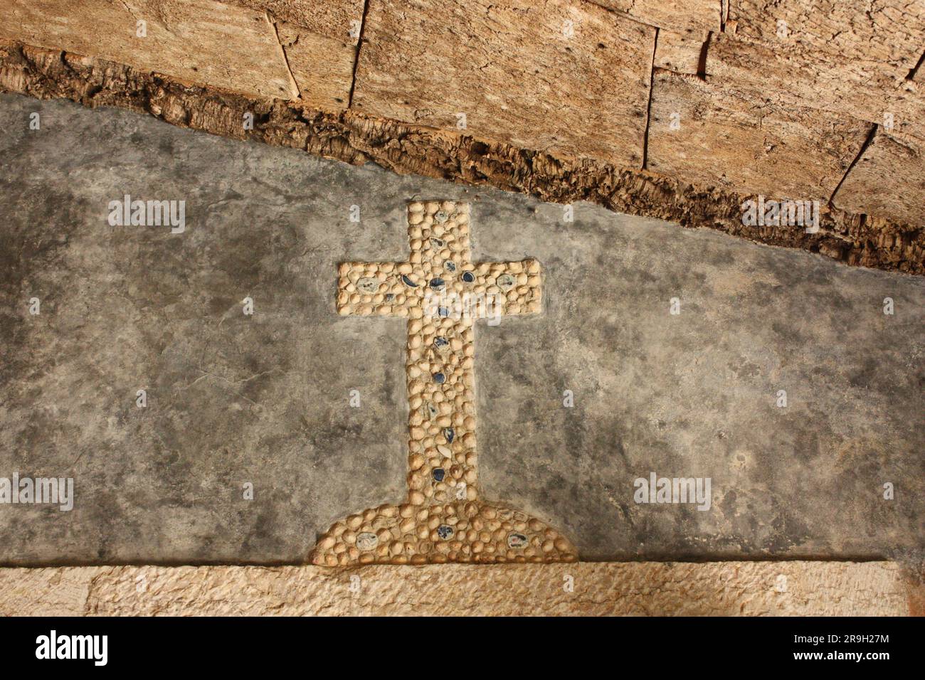 Cork lined roof and a cross made from shells in the Convent Church at