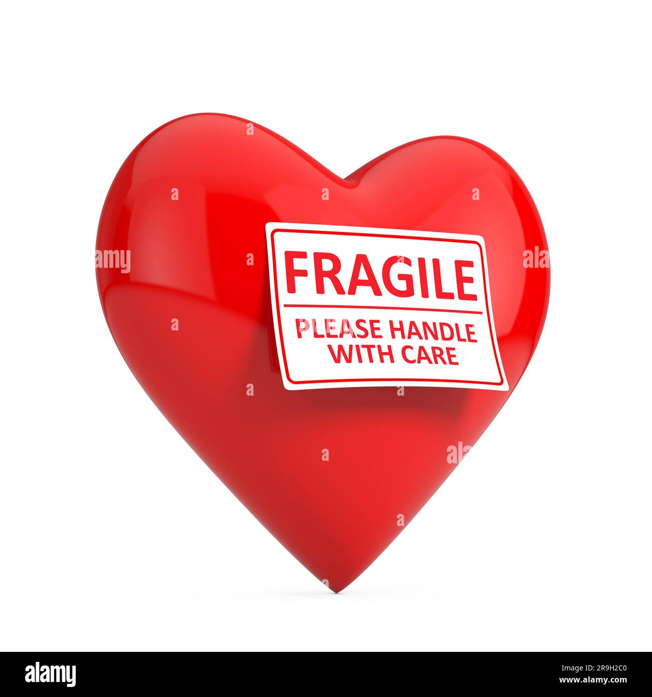 Red Heart with Fragile, Please Handle With Care Sign on a white background. 3d Rendering Stock