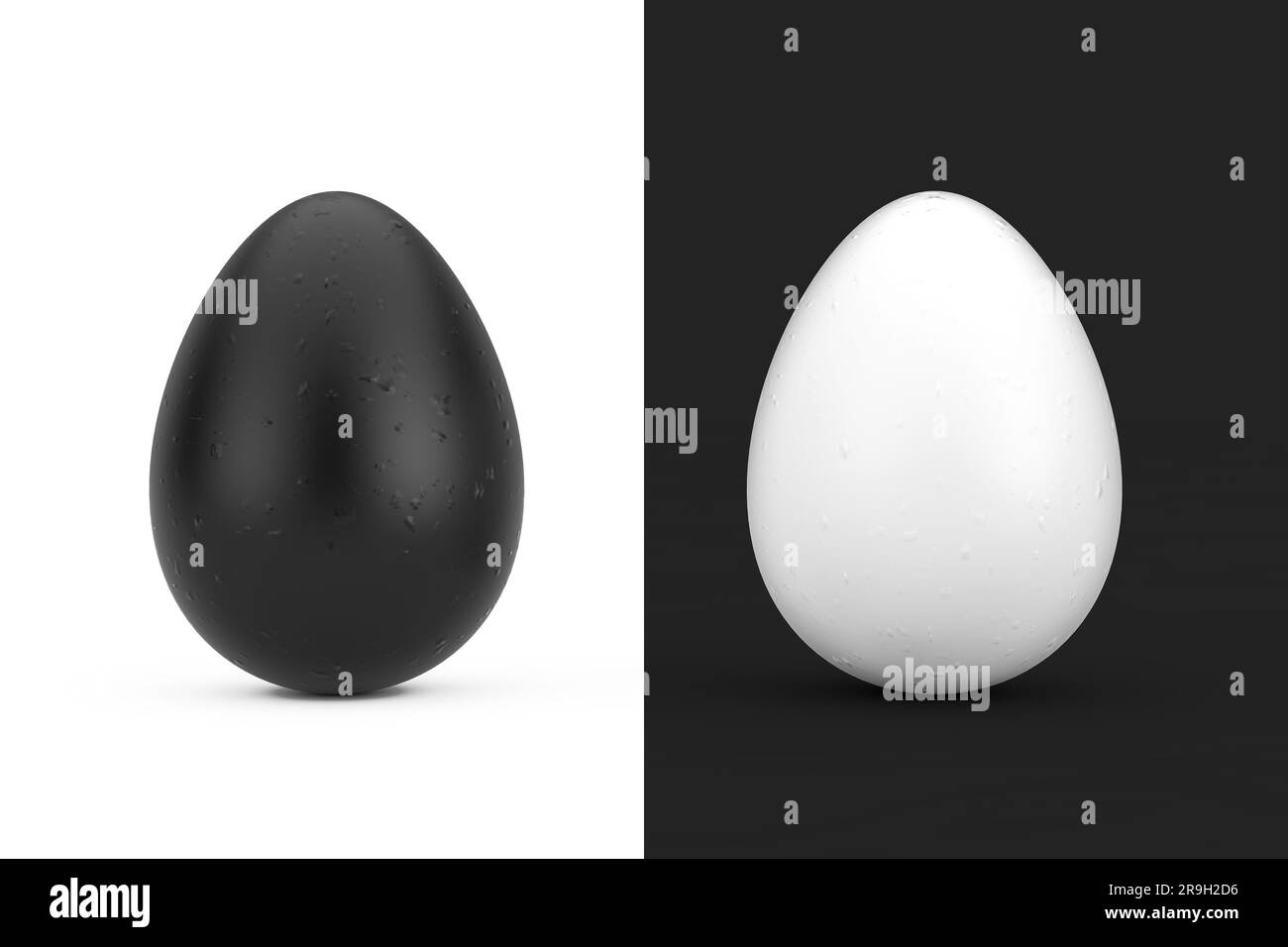 Black and White Chicken Eggs on a white and black background. 3d