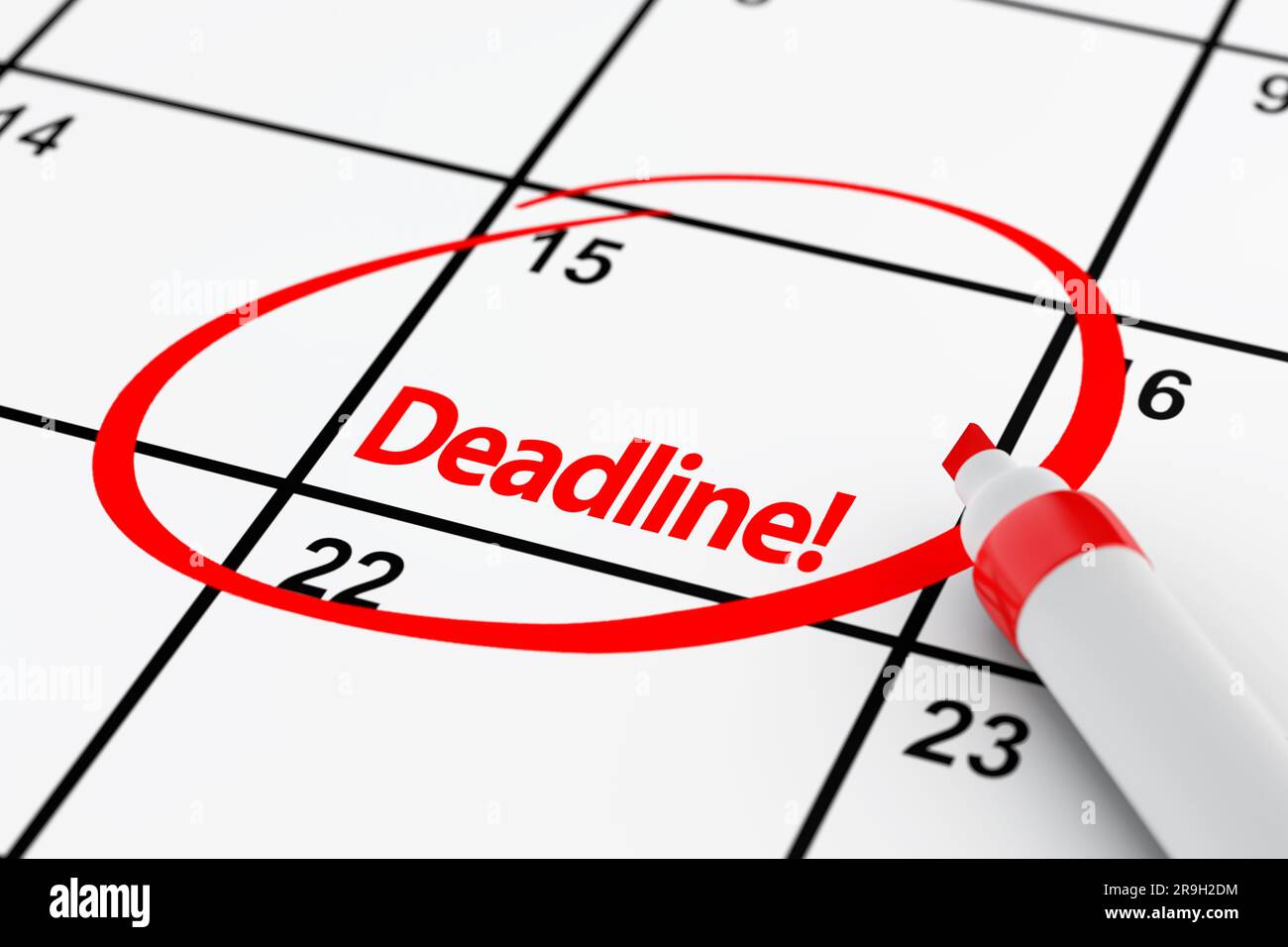 Deadline Concept. Calendar with Red Marker and Remind Deadline Sign extreme  closeup. 3d Rendering Stock Photo - Alamy