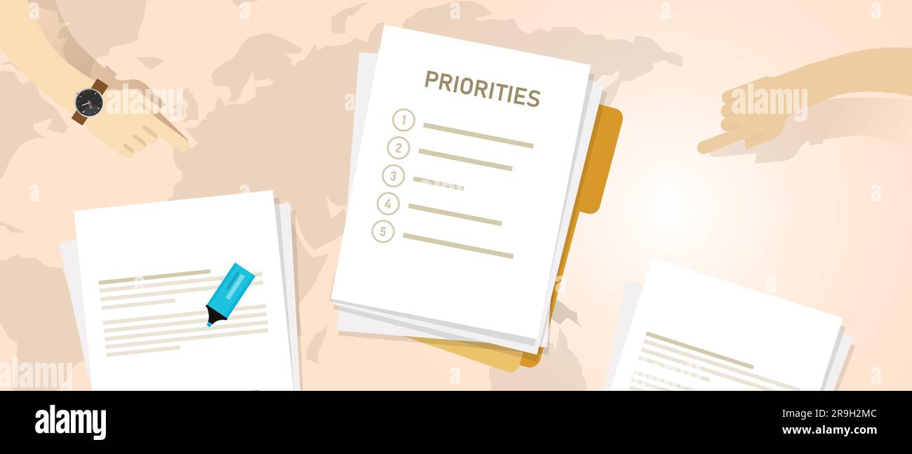 Priority list of priorities important task first prioritize to do action agenda paper folder Stock Vector